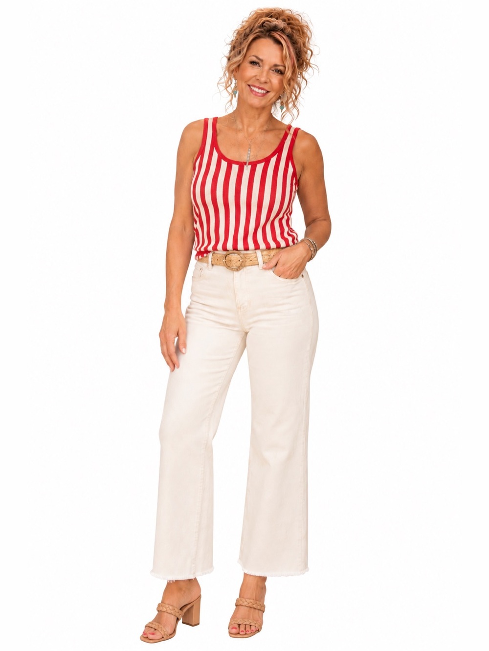 Anne Klein Red White Striped Knit Tank Top Medium